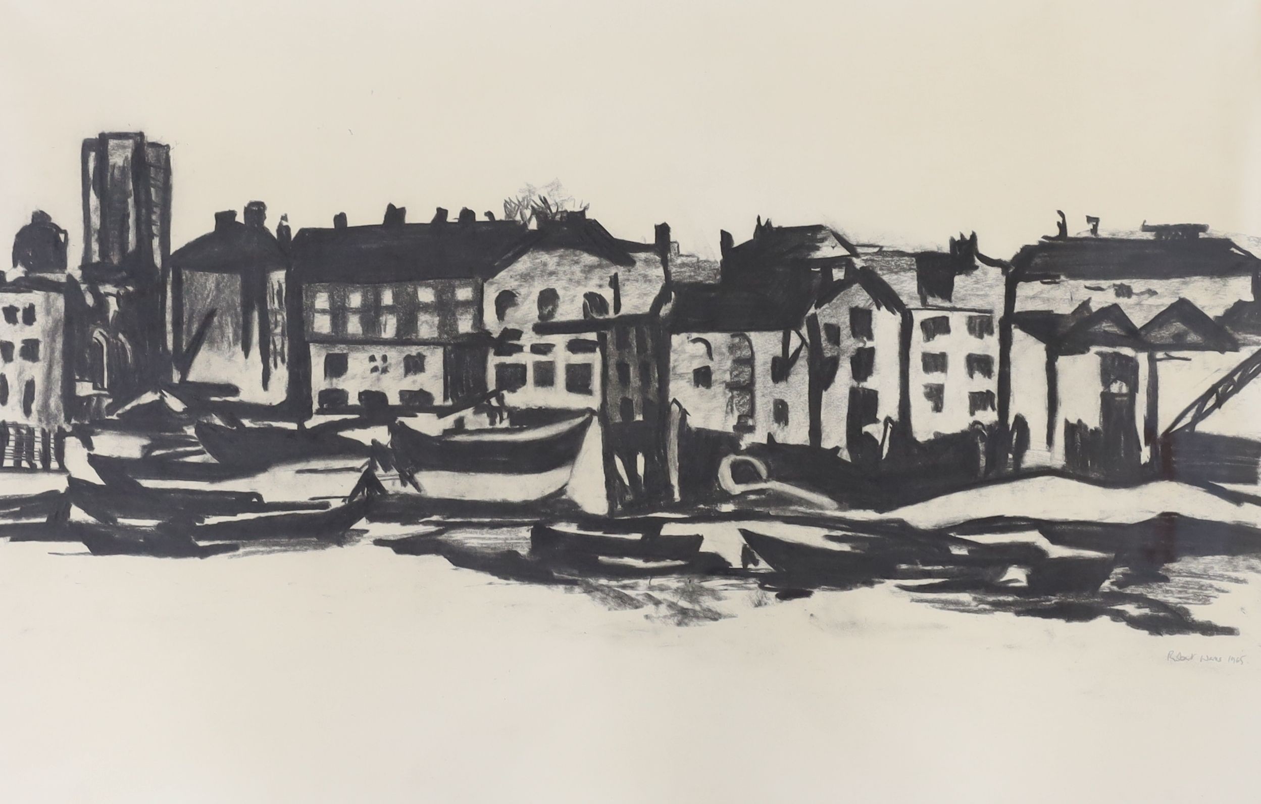 Robert Walls (20th C.), charcoal on paper, Waterside houses, signed and dated 1965, 47 x 73cm